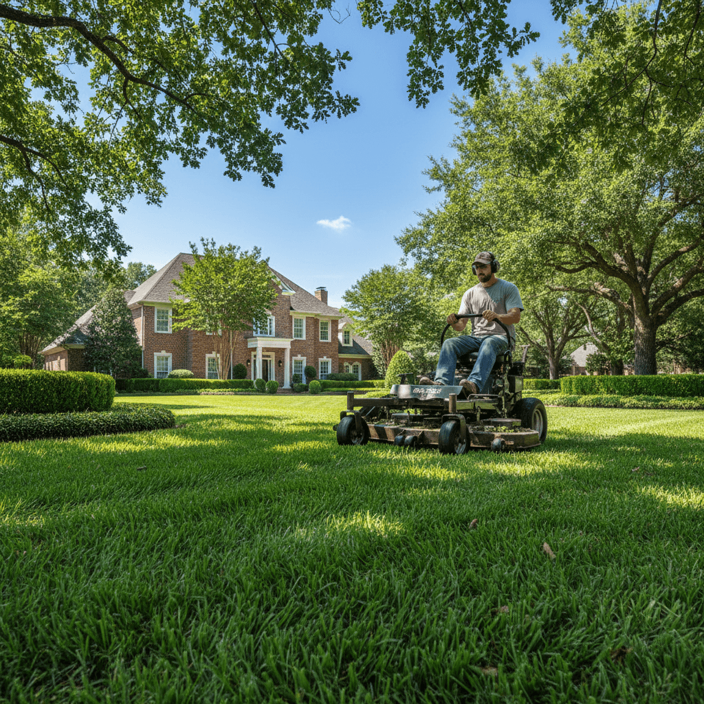Professional lawn care technician maintaining residential yard