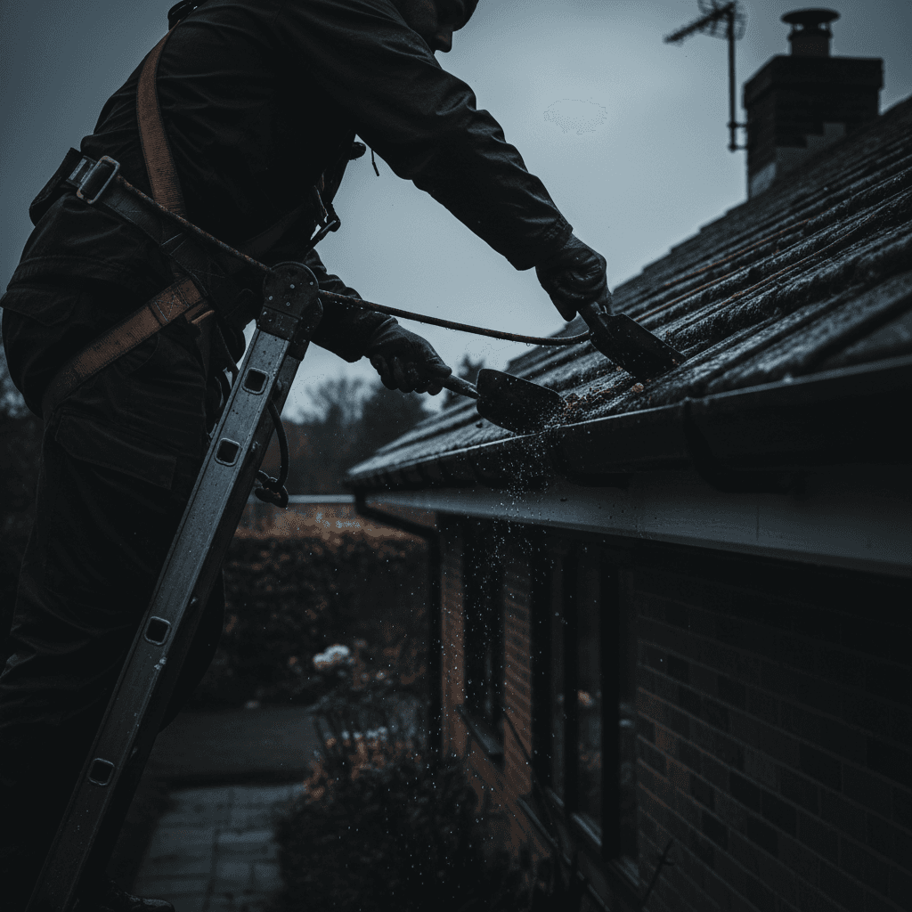 Technician cleaning residential home gutters from ladder