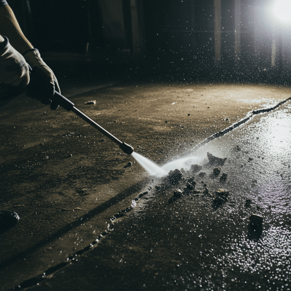 Power washing cleaning concrete driveway surface
