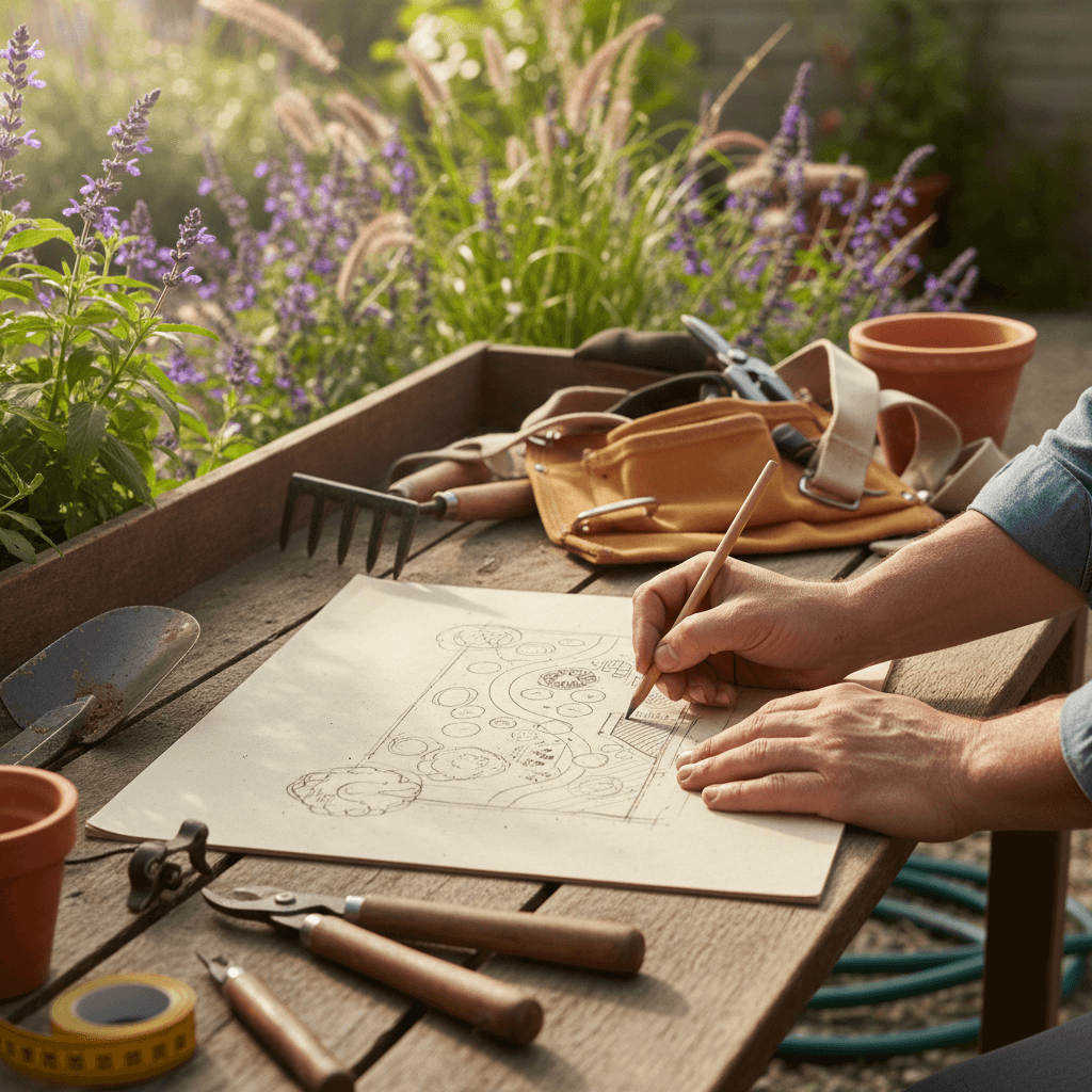 Professional landscaper sketching custom garden design