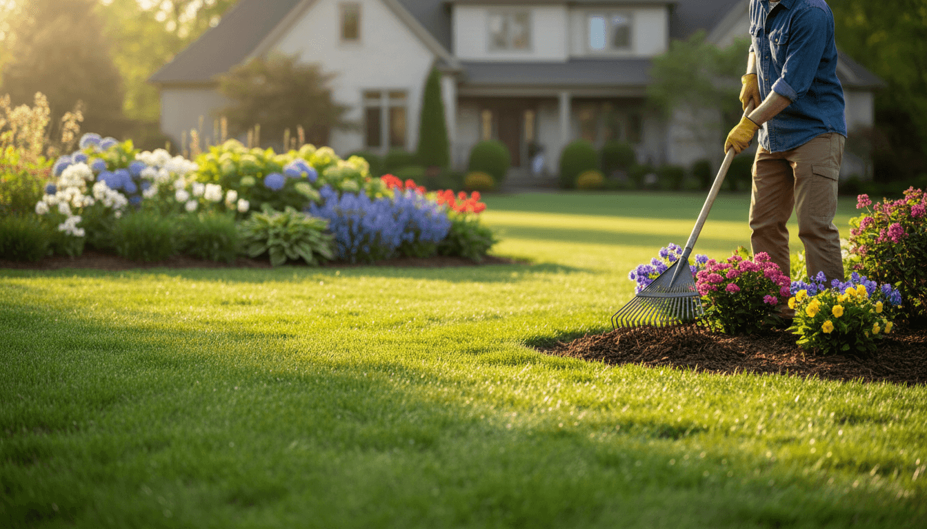 Professional landscaper maintaining a beautiful residential yard in Sherman with lawn care and landscaping work