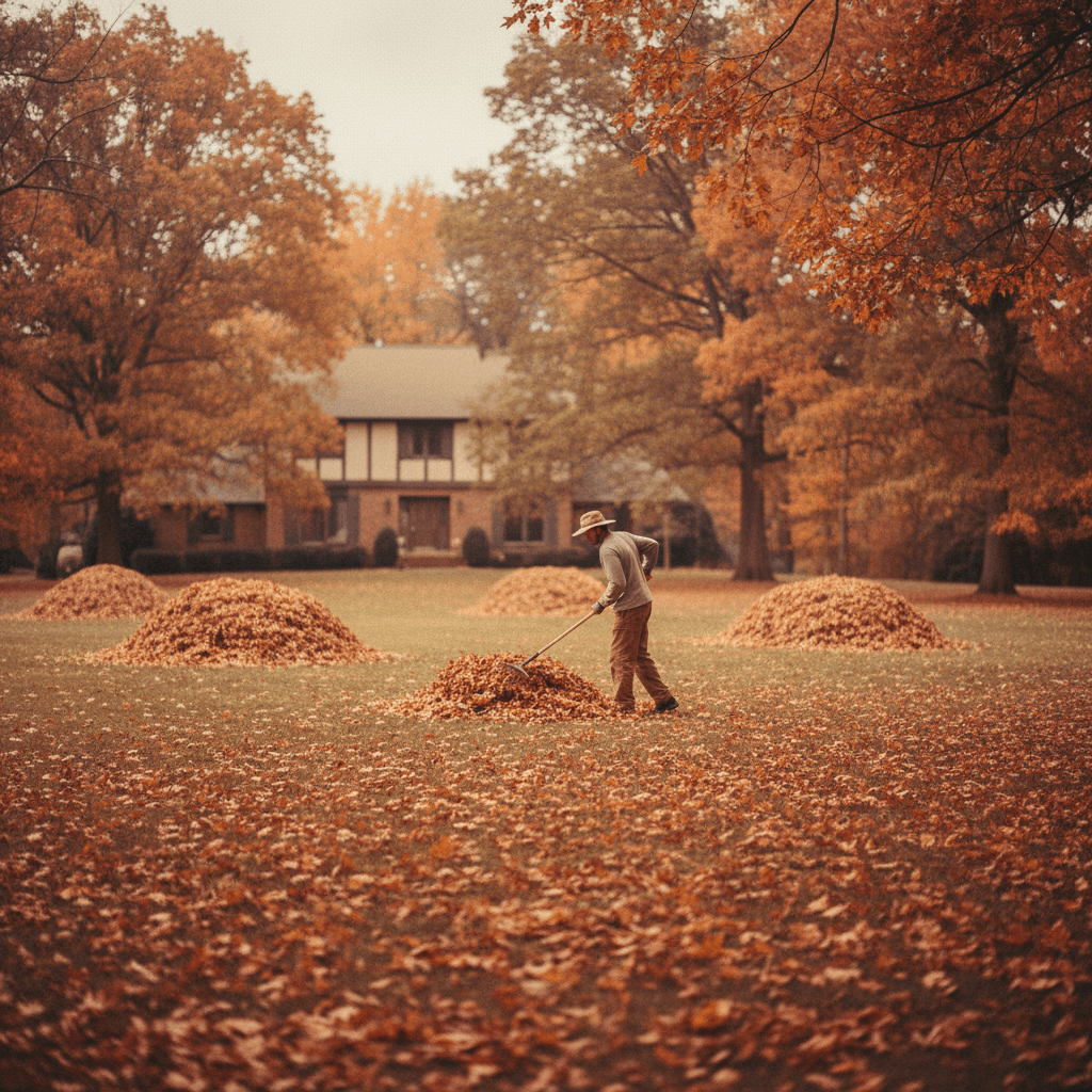 Landscaper clearing fallen leaves during seasonal cleanup