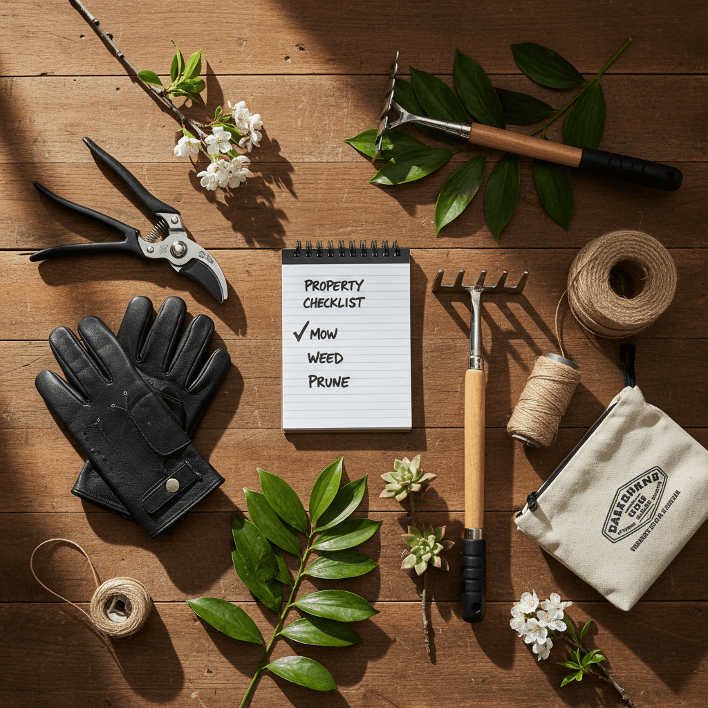 Organized landscaping maintenance tools and equipment
