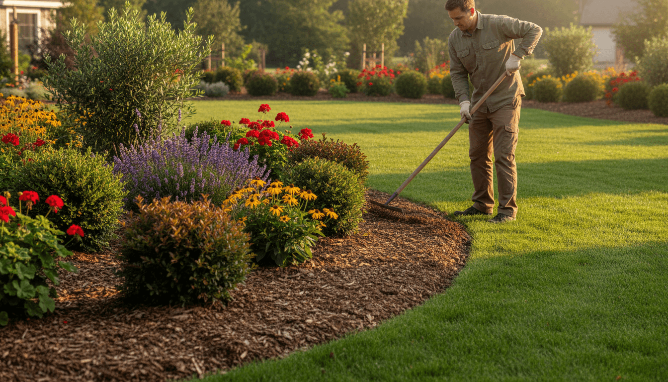 Professional landscaper maintaining a well-kept residential yard in Sherman with fresh mulch and healthy plants