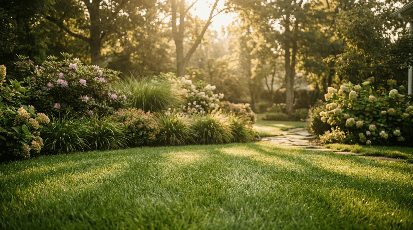 Professionally maintained residential yard with manicured lawn, landscaped beds, and healthy green foliage in Sherman, Texas