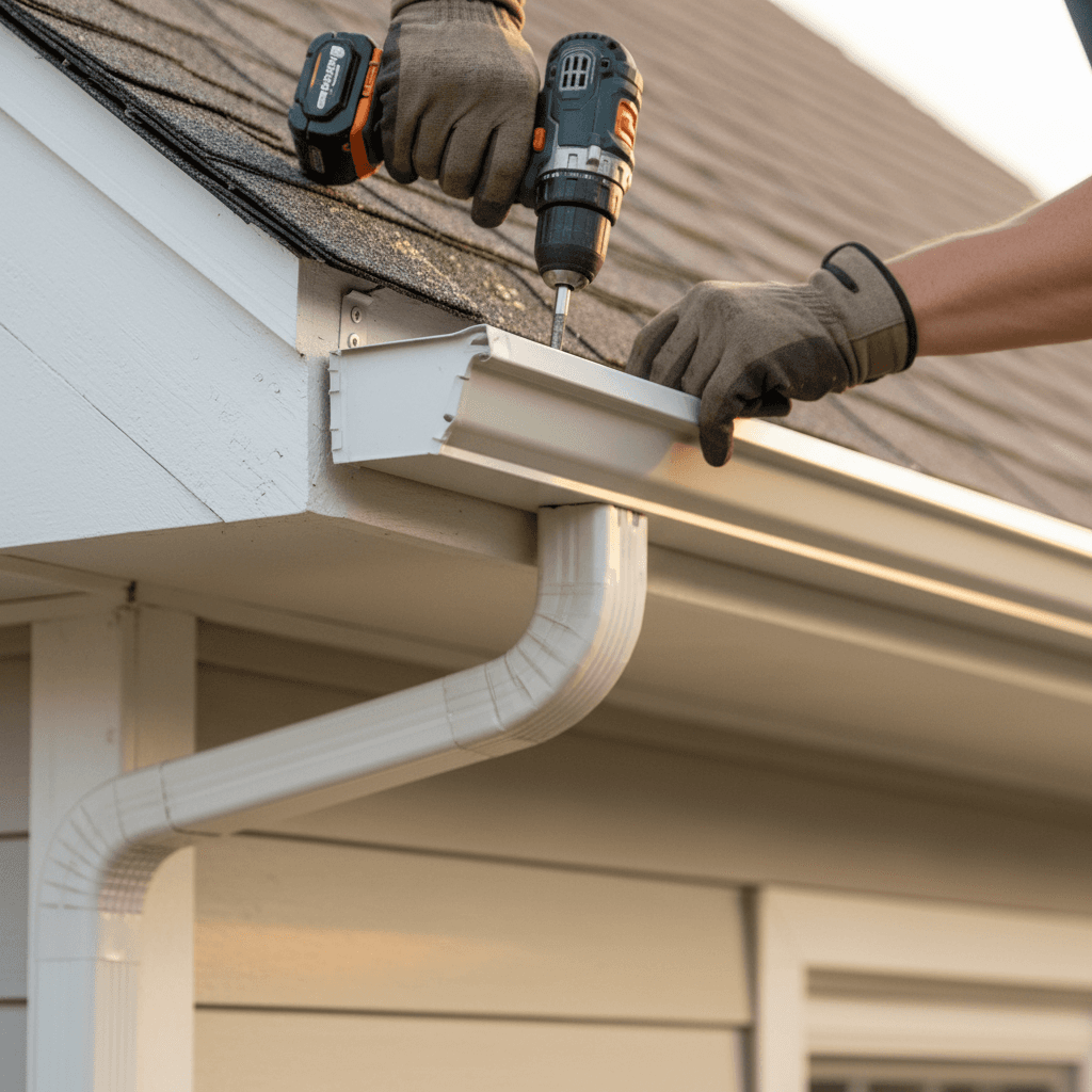 Technician installing new seamless gutter system on residential home