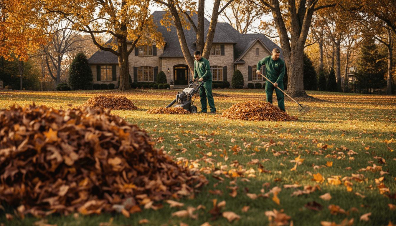 Landscaping team performing seasonal yard cleanup and debris removal