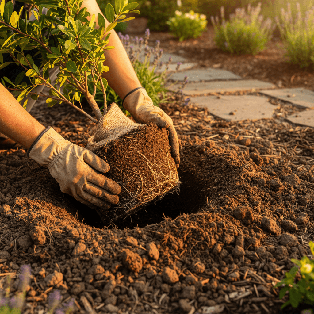 Landscaper planting shrubs and maintaining a residential yard in Sherman