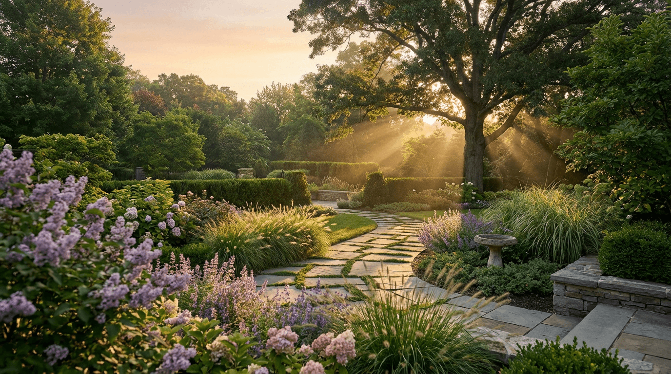 Completed residential landscape design with pathways and plantings