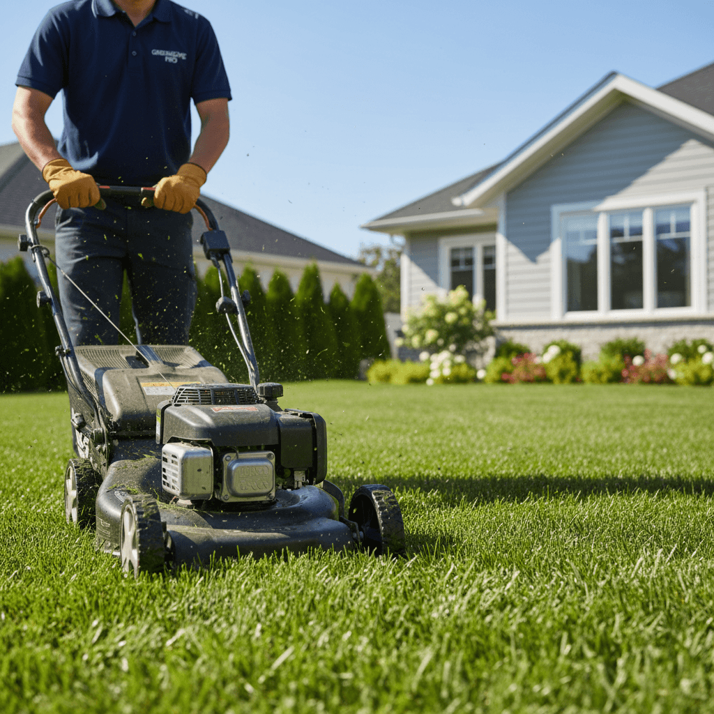 Landscaper operating commercial mower on residential lawn