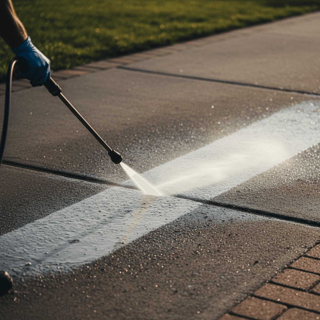 Power washing professional cleaning residential driveway